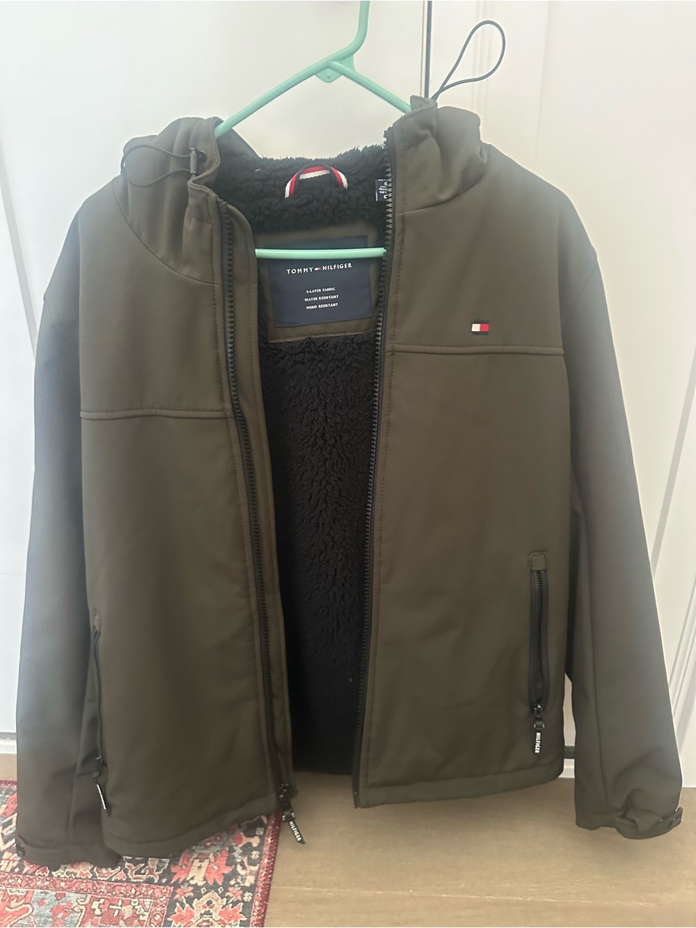 Tommy Hilfiger Olive Green Hooded Jacket with Black Sherpa Lining